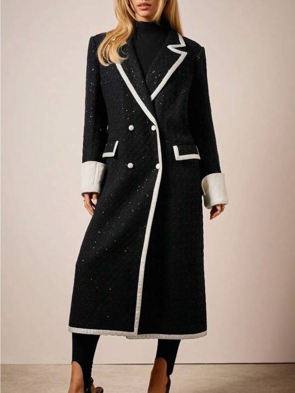 Black Double-Breasted Long Trench Coat with White Trim